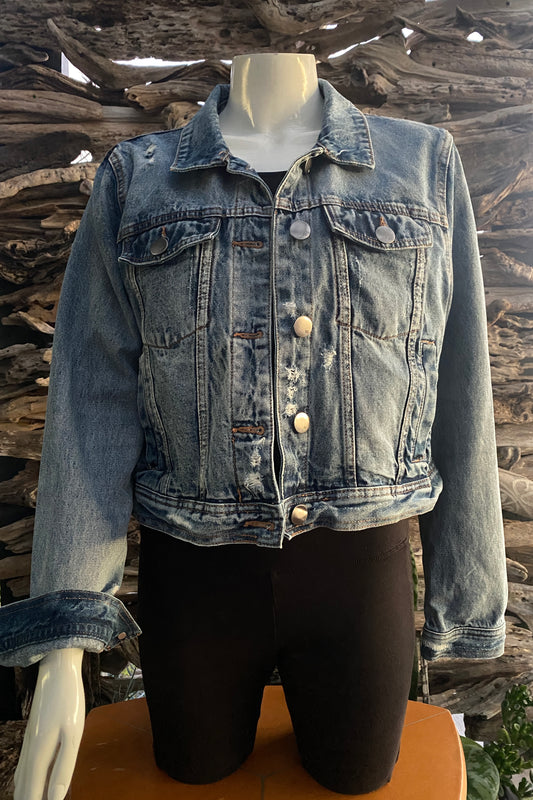Denim Jacket Dark Distressed Cropped